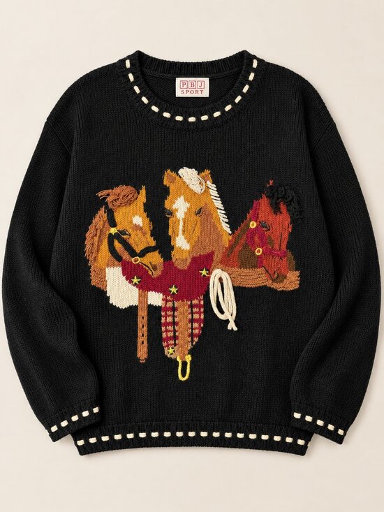 PBJ Sport Sweaters - Vintage 80s PBJ Sport Horse Sweater L Black 3D Equestrian Western Ramie Cotton